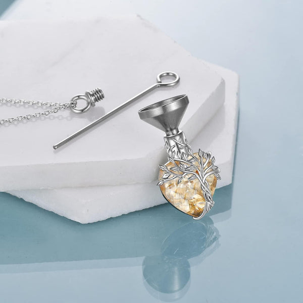 Heart Tree Of Life Urn Ashes Cremation Sterling Silver Crystal Pendant Necklace Yellow