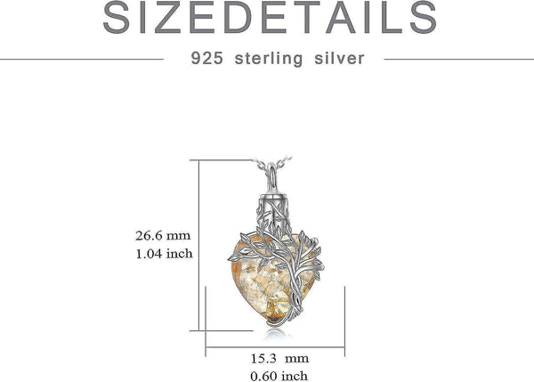 Heart Tree Of Life Urn Ashes Cremation Sterling Silver Crystal Pendant Necklace Yellow