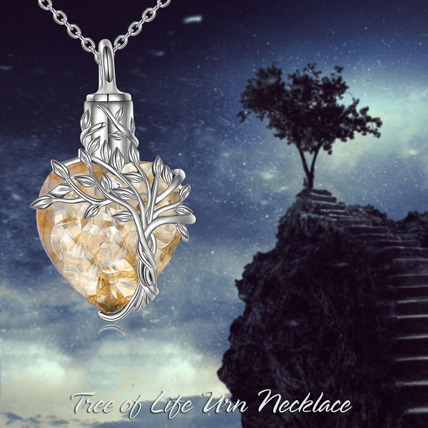 Heart Tree Of Life Urn Ashes Cremation Sterling Silver Crystal Pendant Necklace Yellow