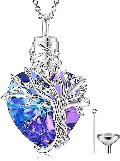 Heart Tree Of Life Urn Ashes Cremation Sterling Silver Crystal Pendant Necklace Blue