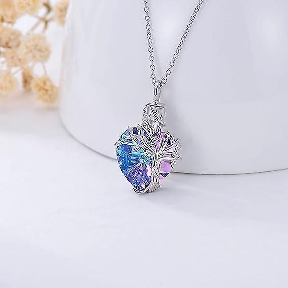 Heart Tree Of Life Urn Ashes Cremation Sterling Silver Crystal Pendant Necklace Blue