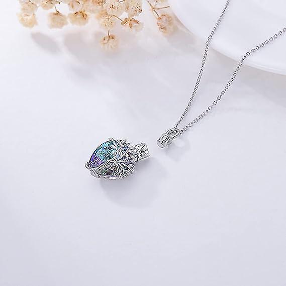 Heart Tree Of Life Urn Ashes Cremation Sterling Silver Crystal Pendant Necklace Blue