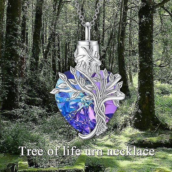 Heart Tree Of Life Urn Ashes Cremation Sterling Silver Crystal Pendant Necklace Blue