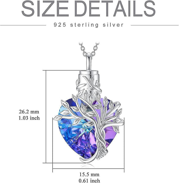 Heart Tree Of Life Urn Ashes Cremation Sterling Silver Crystal Pendant Necklace Blue