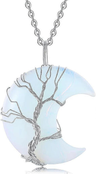 White Opal Tree Of Life Crescent Moon Necklace Pendant Wire Wrapped Chain