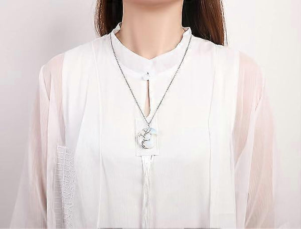 White Opal Tree Of Life Crescent Moon Necklace Pendant Wire Wrapped Chain