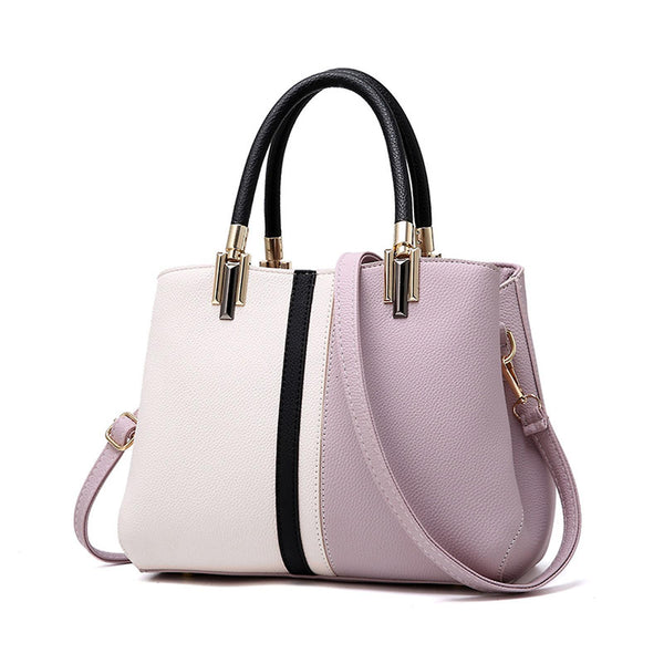 Faux PU Leather Top Handle Tote Handbag Bag Colour Block Lilac Purple
