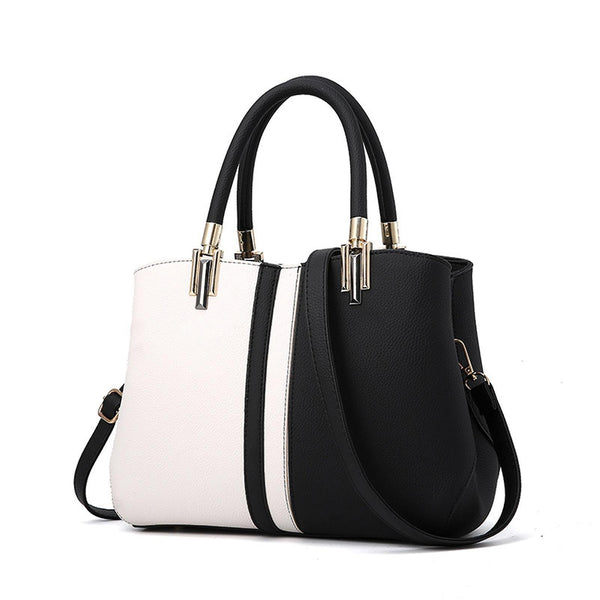 Faux PU Leather Top Handle Tote Handbag Bag Colour Block Black White