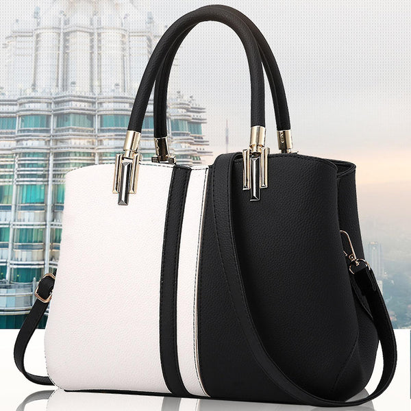 Faux PU Leather Top Handle Tote Handbag Bag Colour Block Black White