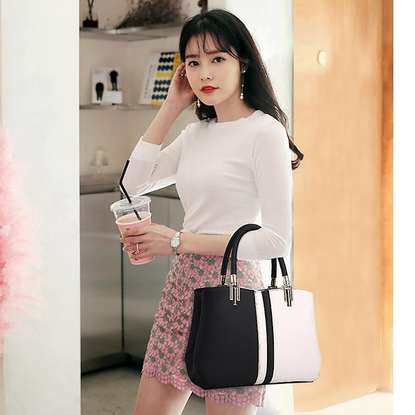 Faux PU Leather Top Handle Tote Handbag Bag Colour Block Black White
