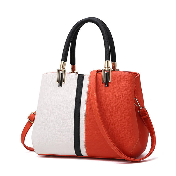 Faux PU Leather Top Handle Tote Handbag Bag Colour Block Red
