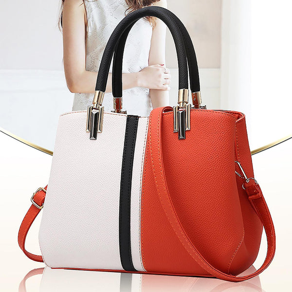 Faux PU Leather Top Handle Tote Handbag Bag Colour Block Red