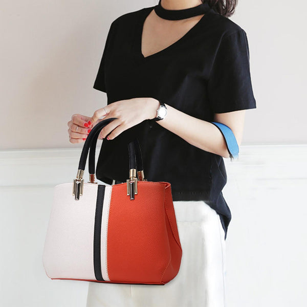 Faux PU Leather Top Handle Tote Handbag Bag Colour Block Red