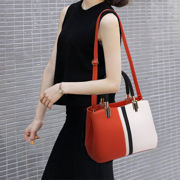 Faux PU Leather Top Handle Tote Handbag Bag Colour Block Red