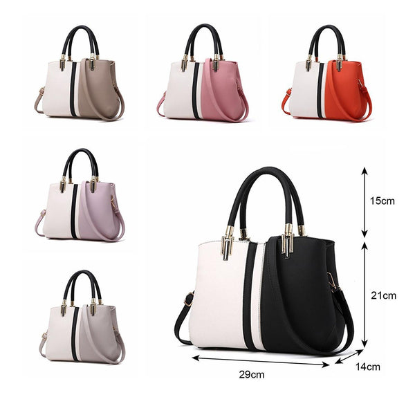 Faux PU Leather Top Handle Tote Handbag Bag Colour Block Red