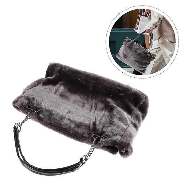 Faux Mink Velvet Fuzzy Tote Bag Handbag Charcoal Grey