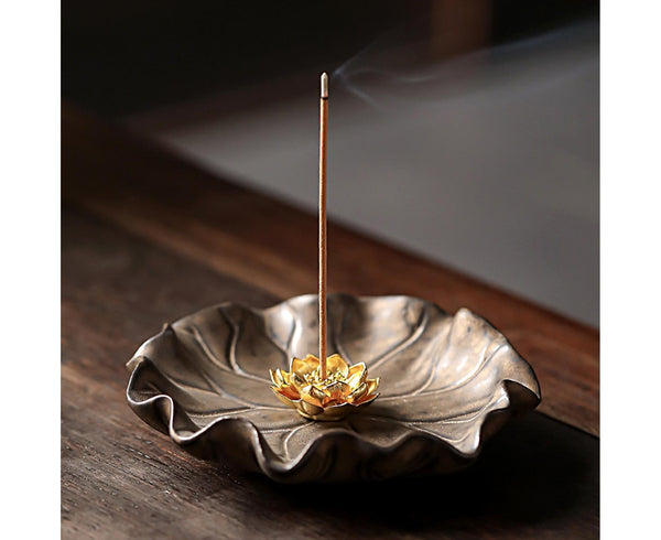 Lotus Leaf Mini Incense Stick Holder Ceramic 10cm Brown