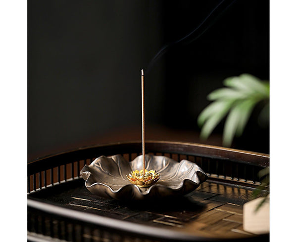 Lotus Leaf Mini Incense Stick Holder Ceramic 10cm Brown