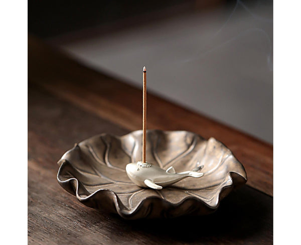 Lotus Leaf Whale Incense Stick Holder Ceramic 10cm Brown