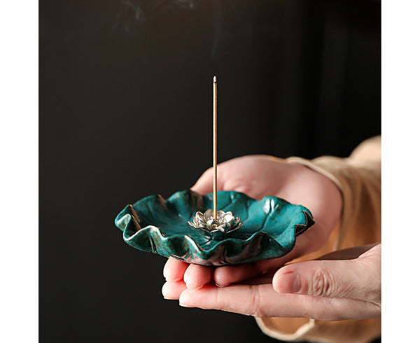 Lotus Leaf Mini Incense Stick Holder Ceramic 10cm Blue Green