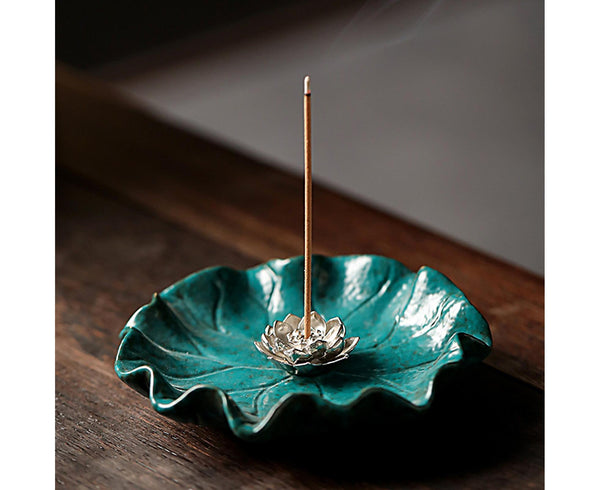 Lotus Leaf Mini Incense Stick Holder Ceramic 10cm Blue Green