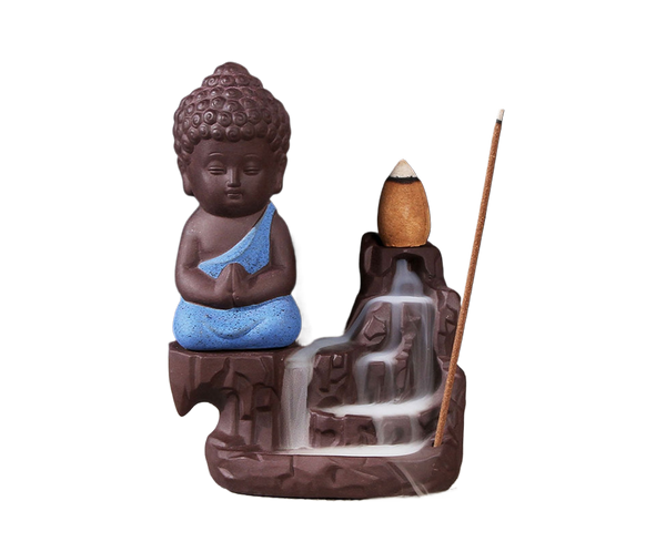 Monk Buddha Waterfall Ceramic Backflow Incense Burner Holder Censer Diffuser Blue