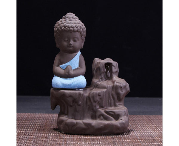 Monk Buddha Waterfall Ceramic Backflow Incense Burner Holder Censer Diffuser Blue