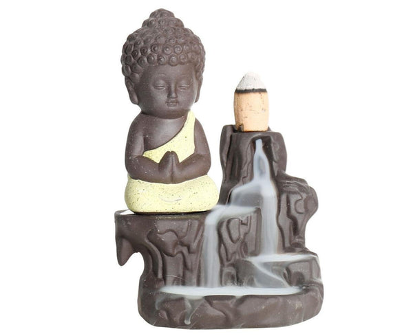 Monk Buddha Waterfall Ceramic Backflow Incense Burner Holder Censer Diffuser Yellow