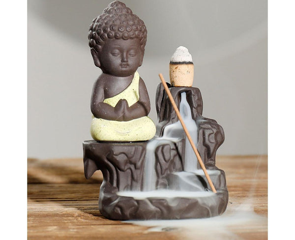 Monk Buddha Waterfall Ceramic Backflow Incense Burner Holder Censer Diffuser Yellow