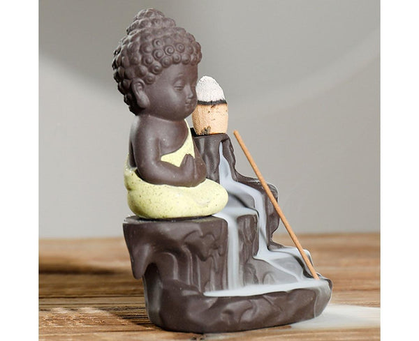 Monk Buddha Waterfall Ceramic Backflow Incense Burner Holder Censer Diffuser Yellow