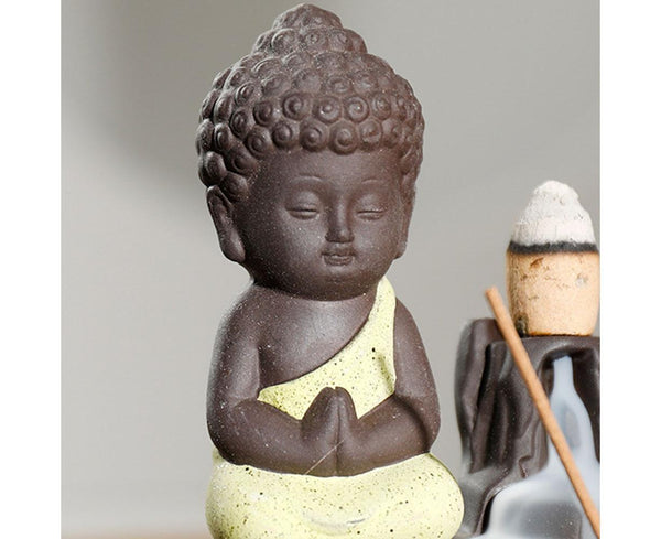 Monk Buddha Waterfall Ceramic Backflow Incense Burner Holder Censer Diffuser Yellow