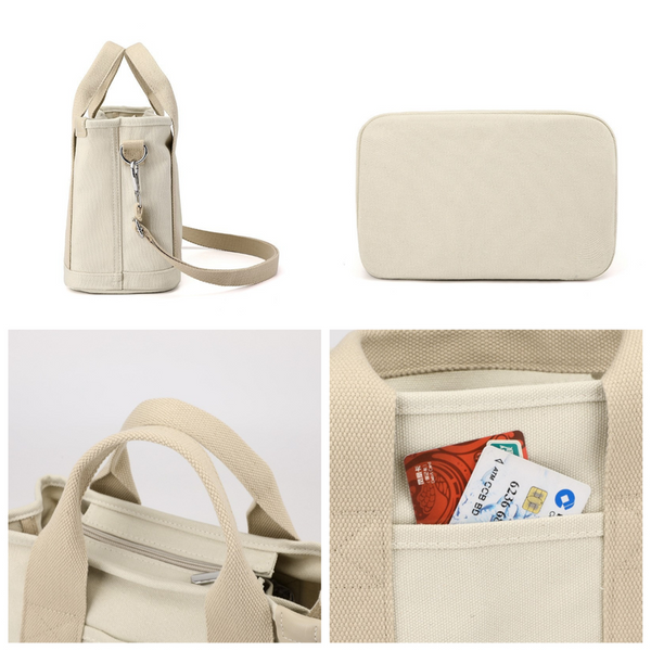 Multi-Compartment Canvas Tote Bag, 3-Way Handheld, Crossbody, and Shoulder Bag with Adjustable Strap for Daily Work and Shopping - Pink