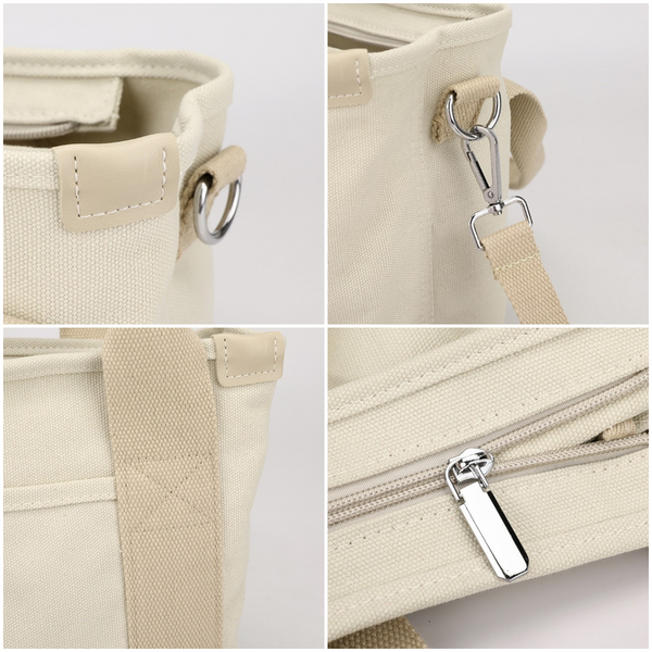 Multi-Compartment Canvas Tote Bag, 3-Way Handheld, Crossbody, and Shoulder Bag with Adjustable Strap for Daily Work and Shopping - Khaki