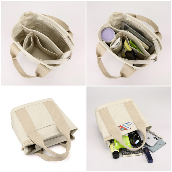 Multi-Compartment Canvas Tote Bag, 3-Way Handheld, Crossbody, and Shoulder Bag with Adjustable Strap for Daily Work and Shopping - Khaki