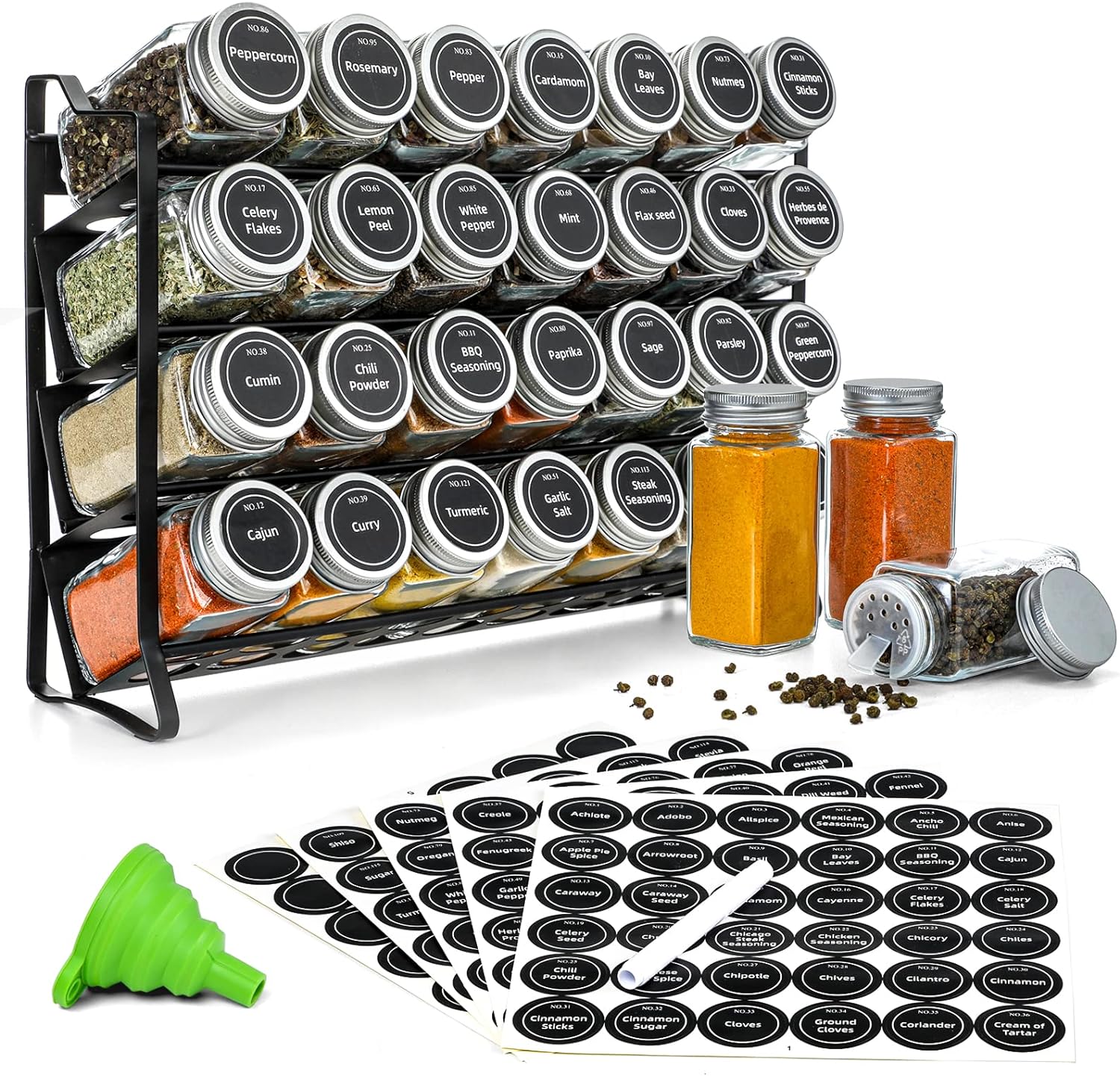 Spice Rack Organiser 28 Jars Labels Funnel Kitchen Pantry Herb Storage Organiser