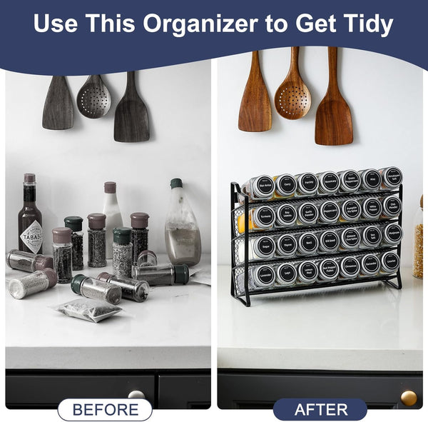 Spice Rack Organiser 28 Jars Labels Funnel Kitchen Pantry Herb Storage Organiser