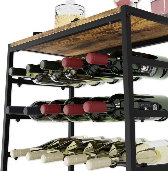 6-Tier Freestanding Wine Rack Wood Countertop Cellar Bar Metal Frame 30 Bottles
