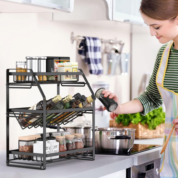 3-Tier Detachable Spice Rack Storage Organiser Kitchen Countertop Metal Black