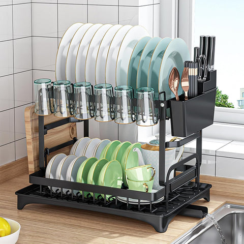 Carla Home 2 Tier Dish Drying Rack Kitchen Drip Tray Utensil Cutlery Holder Black