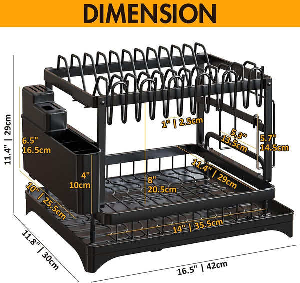 Carla Home 2 Tier Dish Drying Rack Kitchen Drip Tray Utensil Cutlery Holder Black