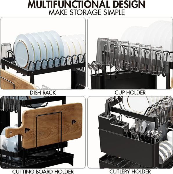 Carla Home 2 Tier Dish Drying Rack Kitchen Drip Tray Utensil Cutlery Holder Black