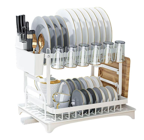 Carla Home 2 Tier Dish Drying Rack Kitchen Drip Tray Utensil Cutlery Holder White