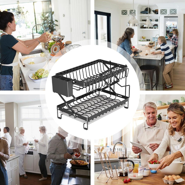 Carla Home 2 Tier Dish Drying Rack Kitchen Drip Tray Utensil Cutlery Holder Black