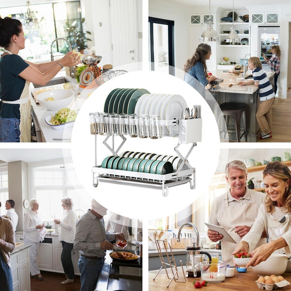 Carla Home 2 Tier Dish Drying Rack Kitchen Drip Tray Utensil Cutlery Holder Black