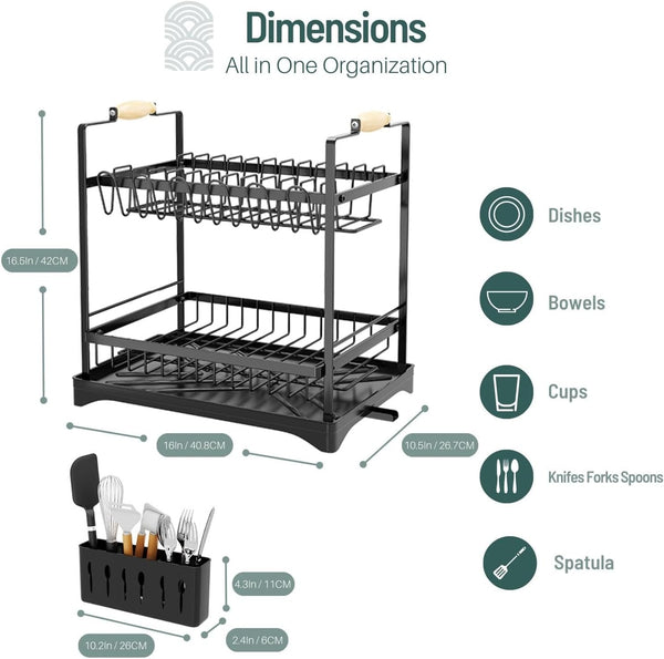 Carla Home 2 Tier Dish Drying Rack Kitchen Drip Tray Drainer Cutlery Holder Black