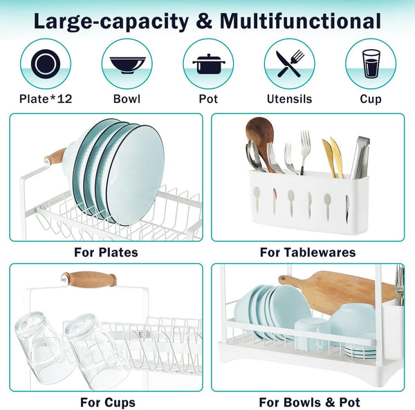 Carla Home 2 Tier Dish Drying Rack Kitchen Drip Tray Drainer Cutlery Holder White