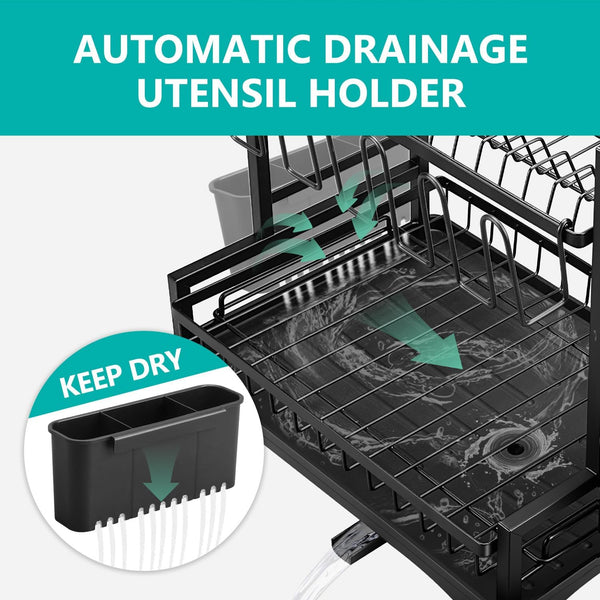 Carla Home 2 Tier Dish Drying Rack Kitchen Drip Tray Drainer Cutlery Holder Black