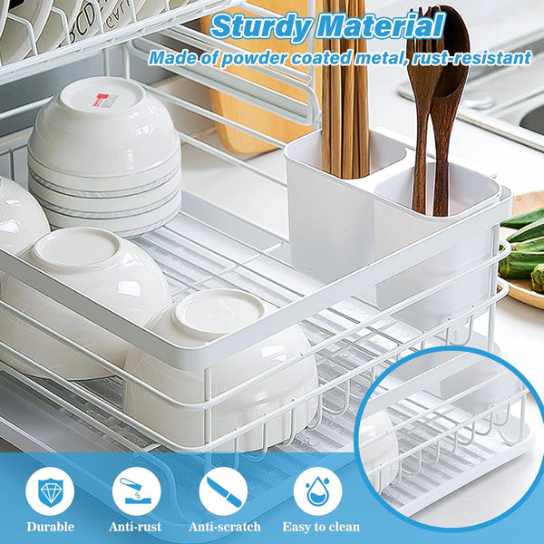 Carla Home 2 Tier Dish Drying Rack Kitchen Drip Tray Utensil Cutlery Holder White