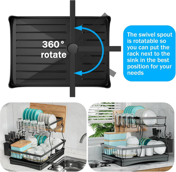 Carla Home 2 Tier Dish Drying Rack Kitchen Drip Tray Utensil Cutlery Holder Black