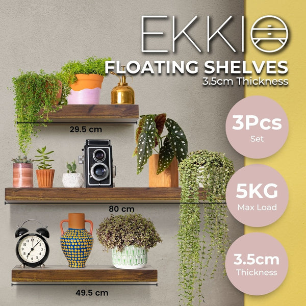 Ekkio Set of 3 Floating Shelfs Shelves Black Brown